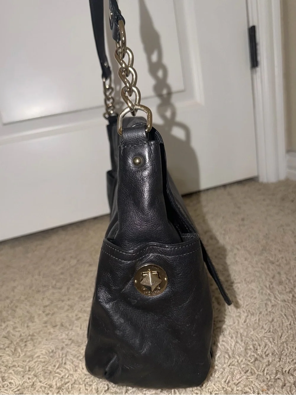Kate Spade Black Pebbled Leather Flap Shoulder Bag Gold Chain S363 Polka Dot